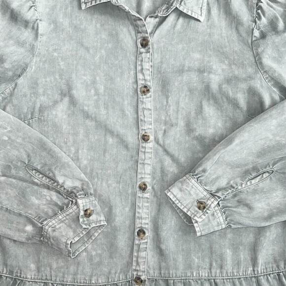 GUC Billy T Long Sleeve Button Down Flounce Dress Mineral Wash Sage Green Medium - Picture 5 of 11